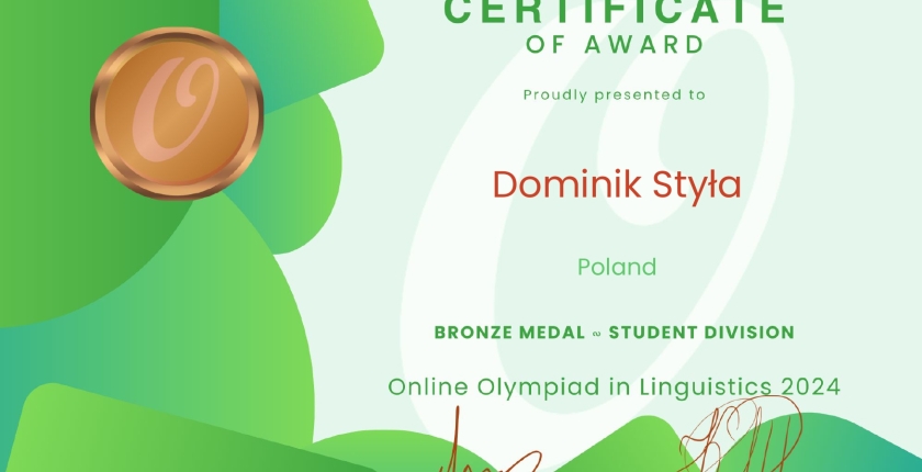 Dominik brązowym medalistą Online Olympiad in Linguistics